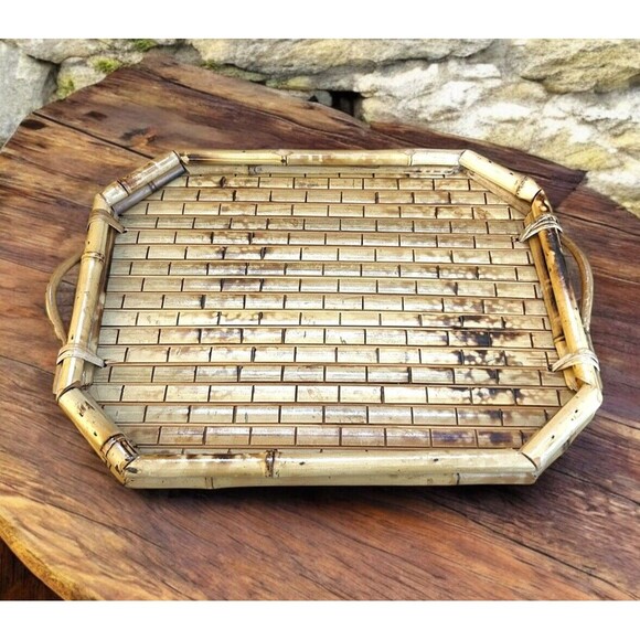 Vtg Rattan Bamboo Woven 3 Handled Tray Vanity Wicker Serving Platter 14”x10” - Picture 1 of 7